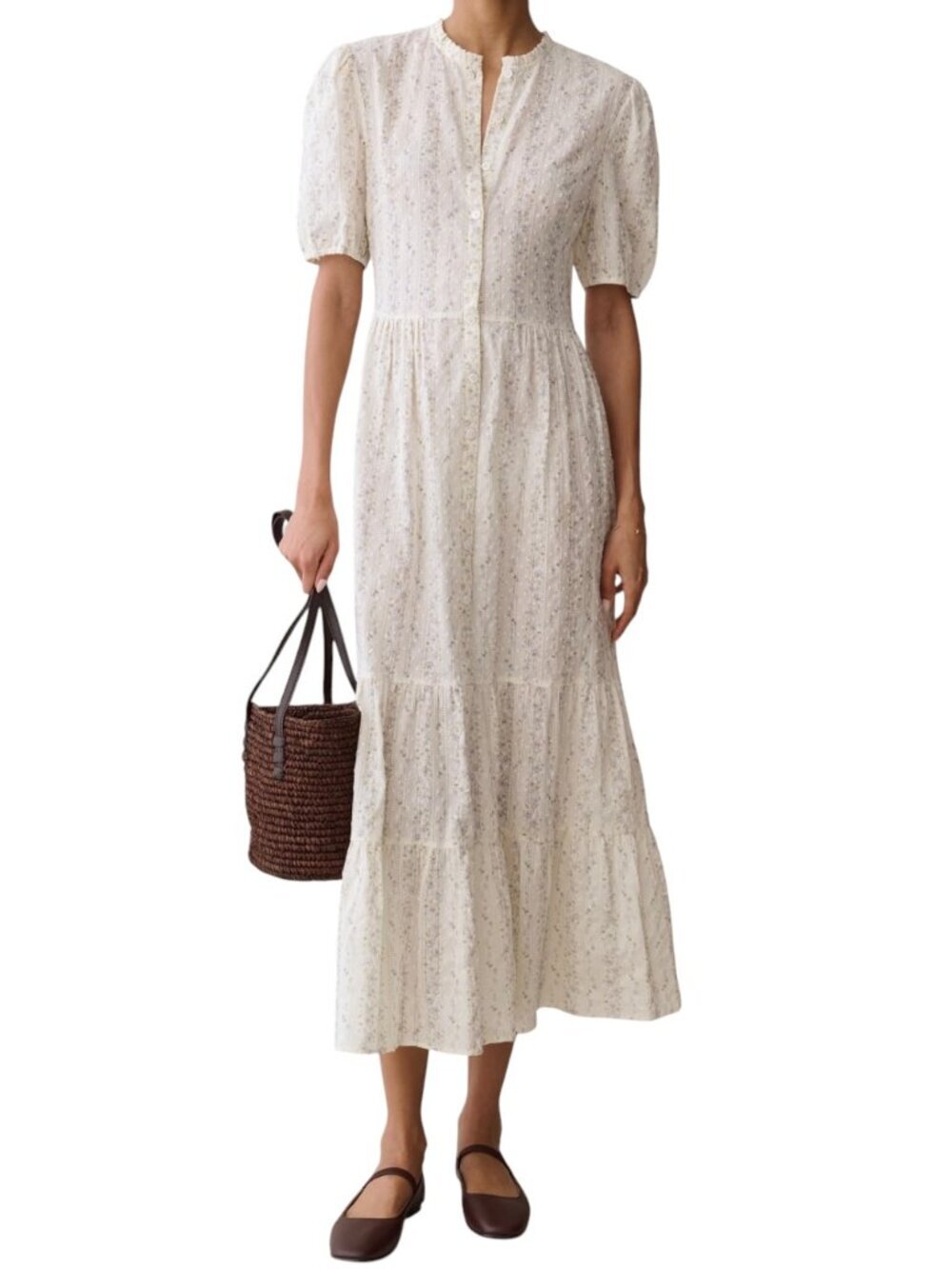 Sorella Jaz Cotton Floral Eyelet Puff Sleeve Midi Dress NWT 0